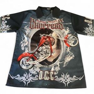 Orange County Choppers Black Graphic Button-Down Shirt with Red Motorcycle Print